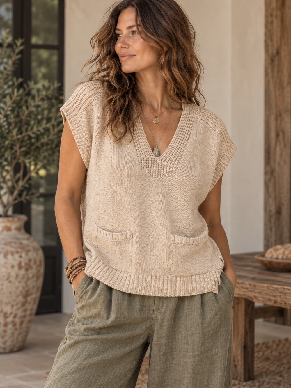 Massimo Dutti Sweater Vest Womens Size M Beige V-Neck Sleeveless Pockets NWOT